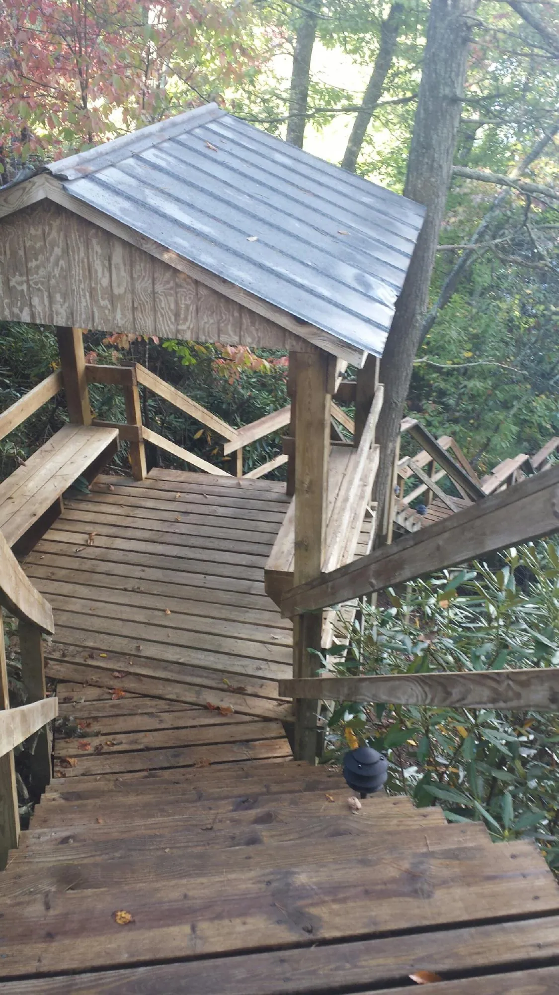 Metal roofed shelter over wooden steps on a wooded walkway — Skylight Repair & Installation work by our crew in La Jolla